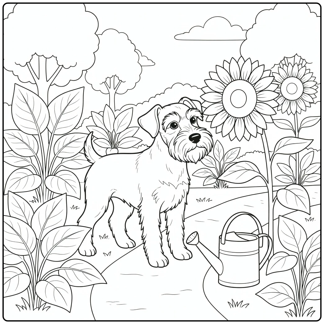 Curious schnauzer in a flower garden, sniffing a sunflower - schnauzer coloring page.