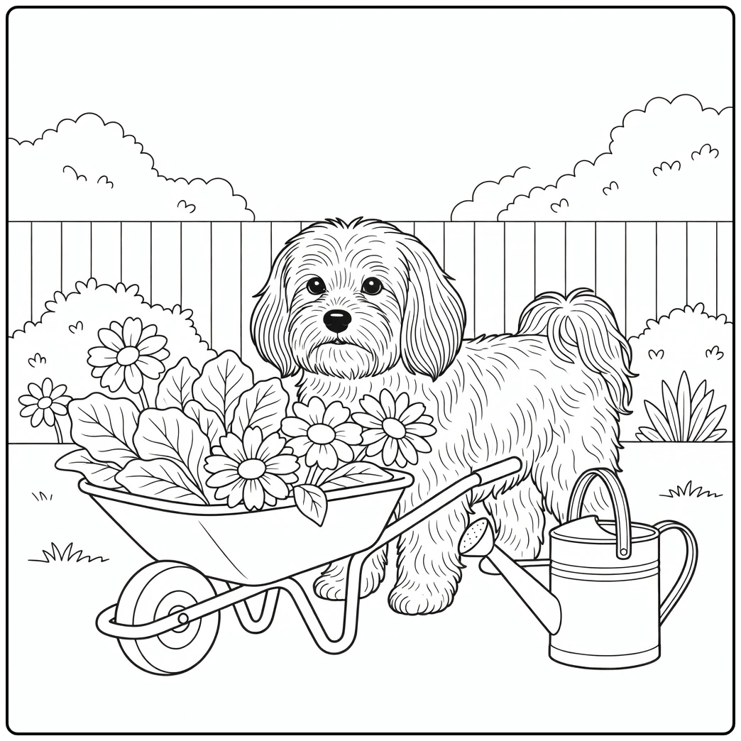 Fluffy Havanese dog in garden with wheelbarrow, havanese coloring page