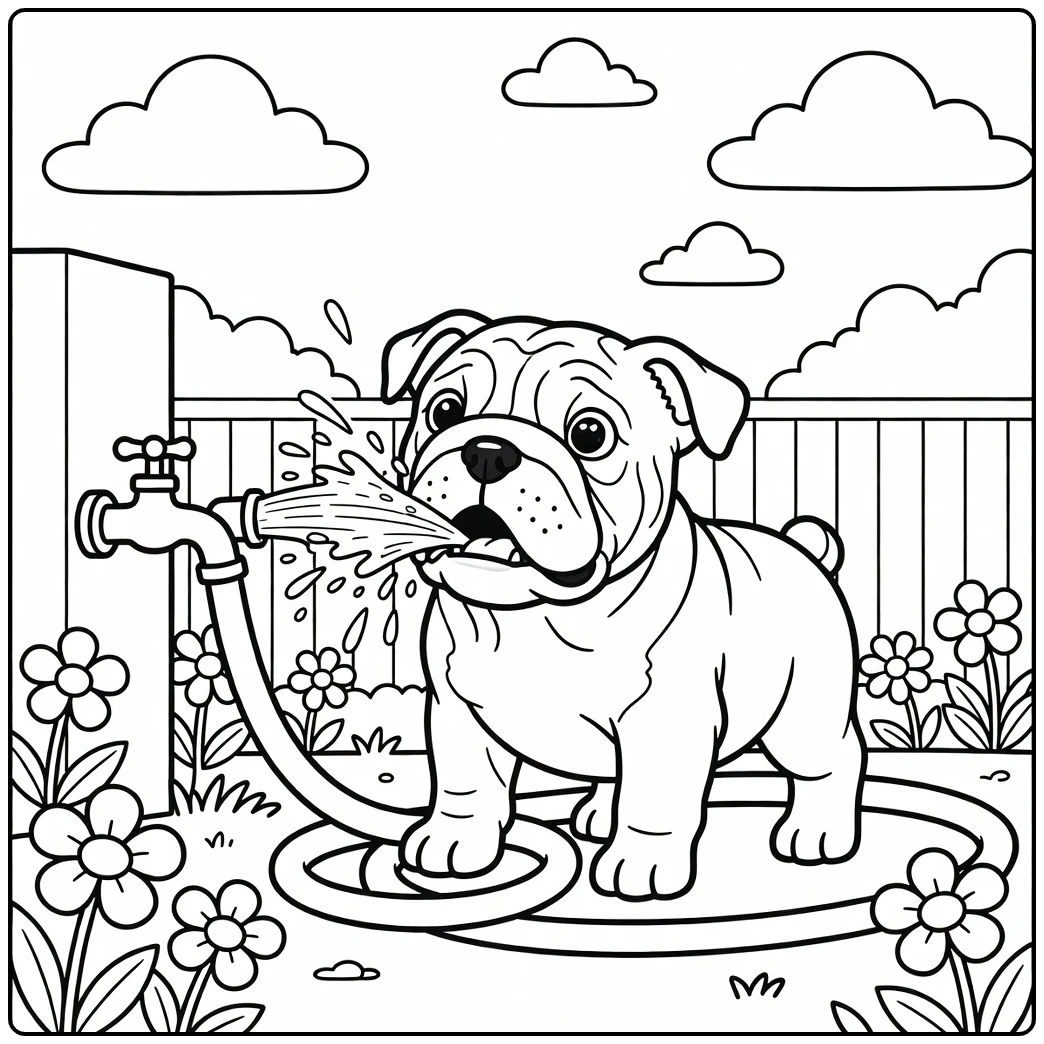 A playful english bulldog coloring page with a puppy splash.