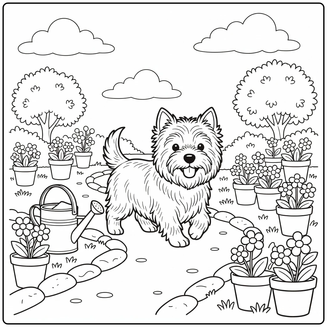 A happy cairn terrier coloring page in a cute cottage garden.