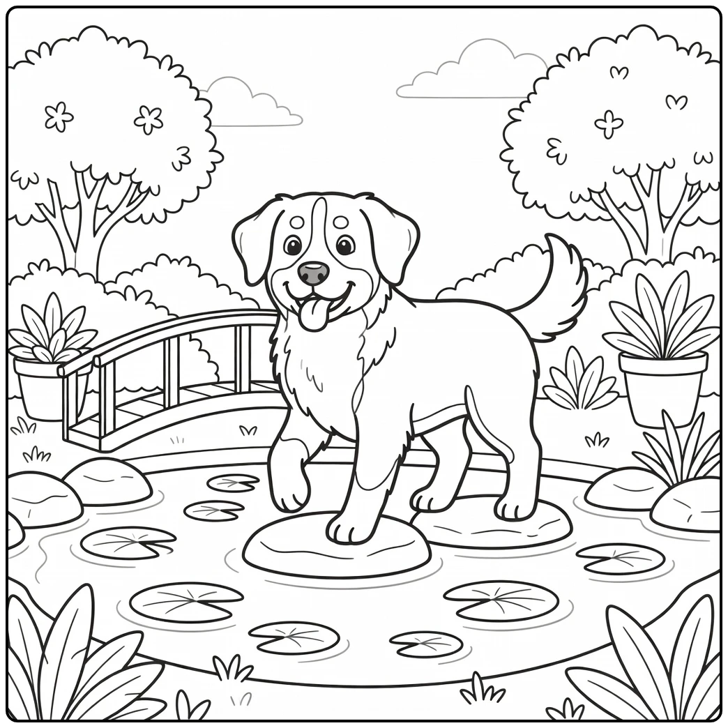 A goofy bernese mountain dog coloring page crossing a pond.