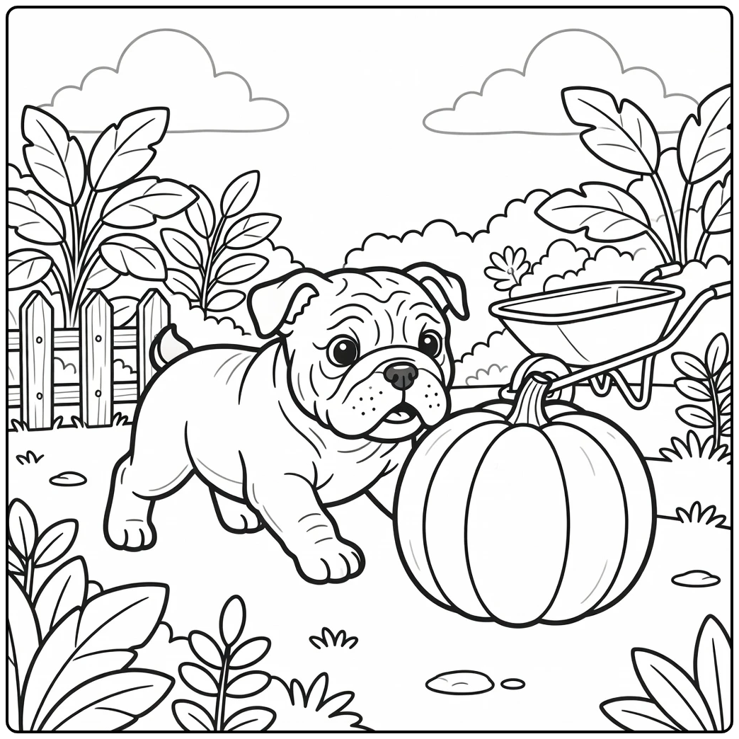 A funny english bulldog coloring page of a puppy and a pumpkin.