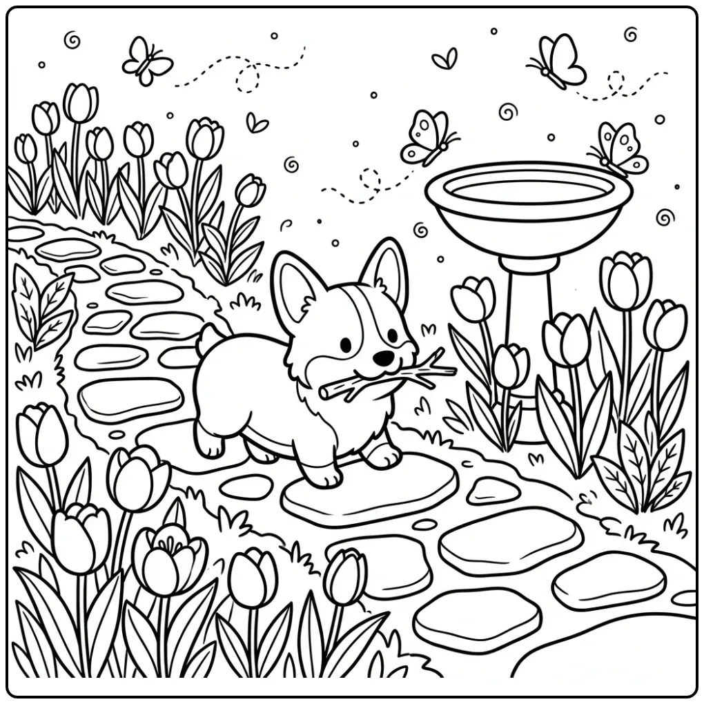 Cute Corgi holding a stick in a garden Dog coloring page