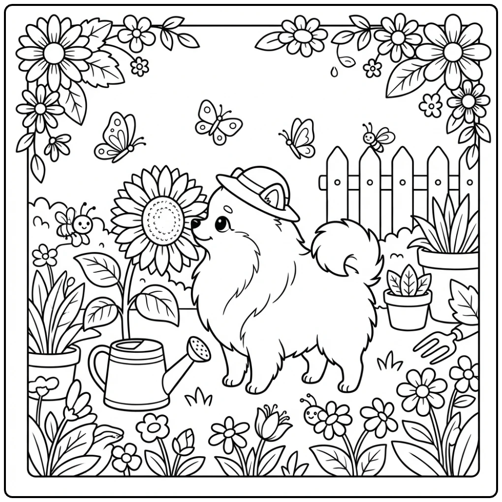 Cute Pomeranian coloring page with sun hat and sunflower.