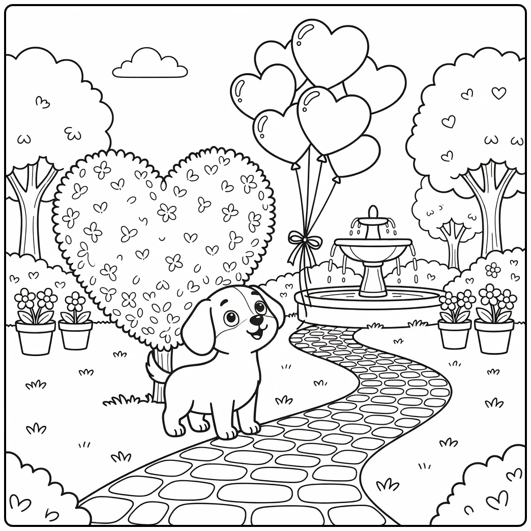 A cute valentine dog coloring page with a heart topiary bush.