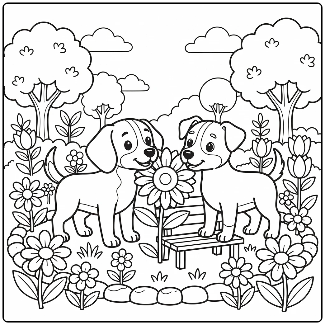 Two friendly dogs sniffing a sunflower on an easy dog coloring page.