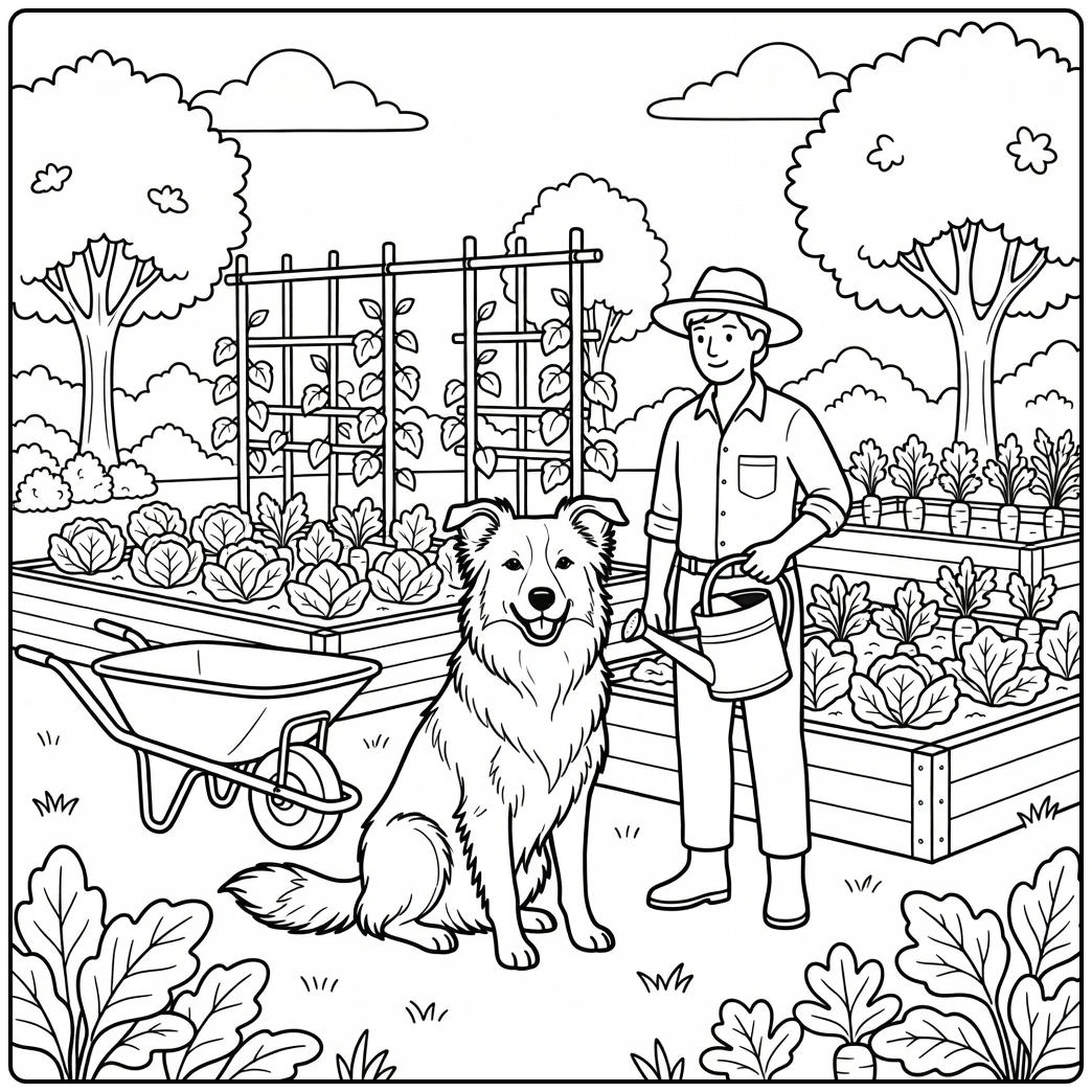 Proud border collie coloring page with gardener in a backyard garden.