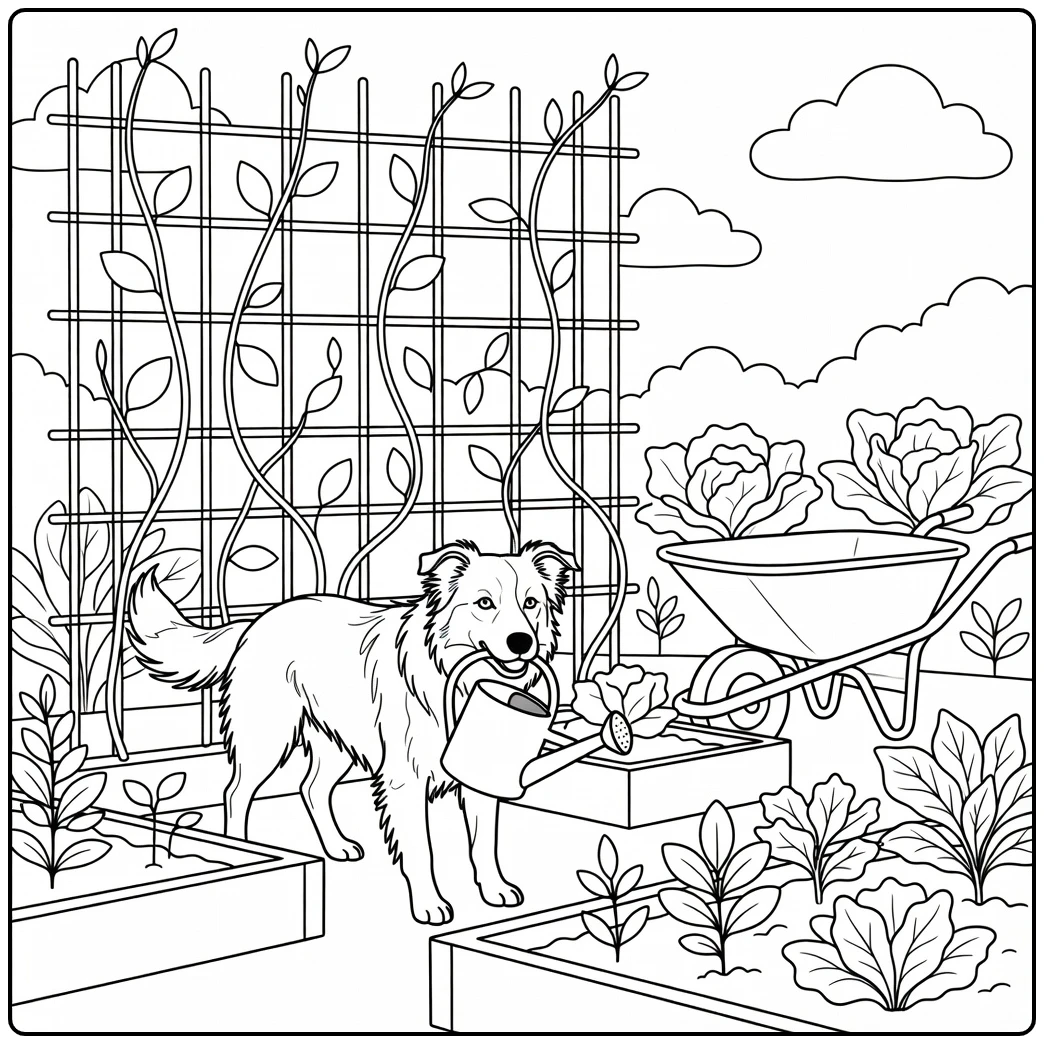 Helpful border collie coloring page in garden with watering can.