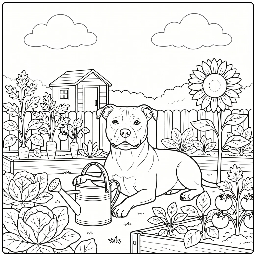 Playful staffordshire bull terrier coloring page in a garden.