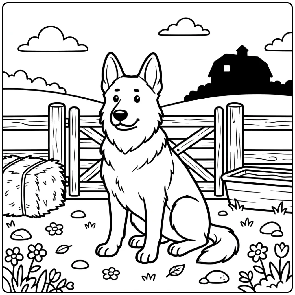 Dog coloring page of a German Shepherd by a farm gate.