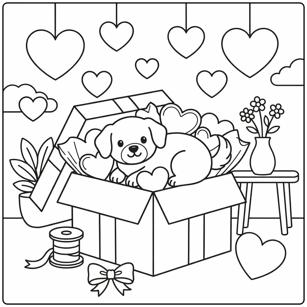 A cute puppy in a gift box on a valentine dog coloring page.