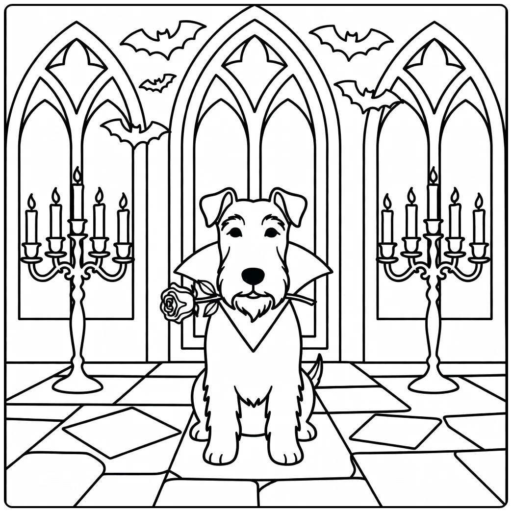 Dracula Scottish Terrier halloween dog coloring page with rose