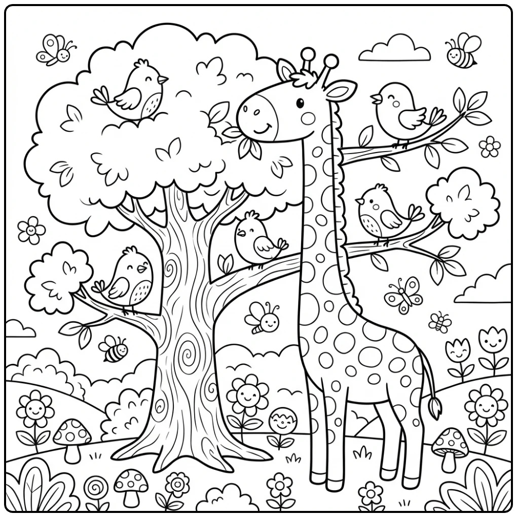 A tall giraffe enjoys leaves, a charming Wild Animals coloring page.
