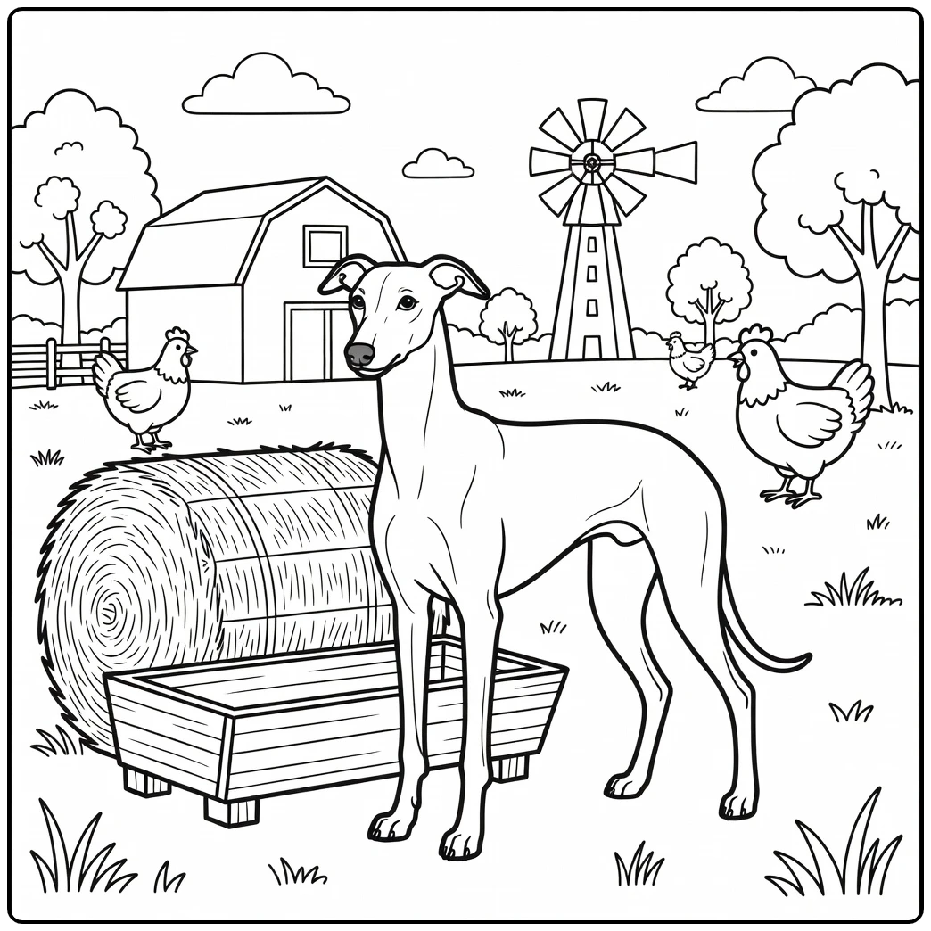 Greyhound coloring page: Farm scene with hay bale and chickens.