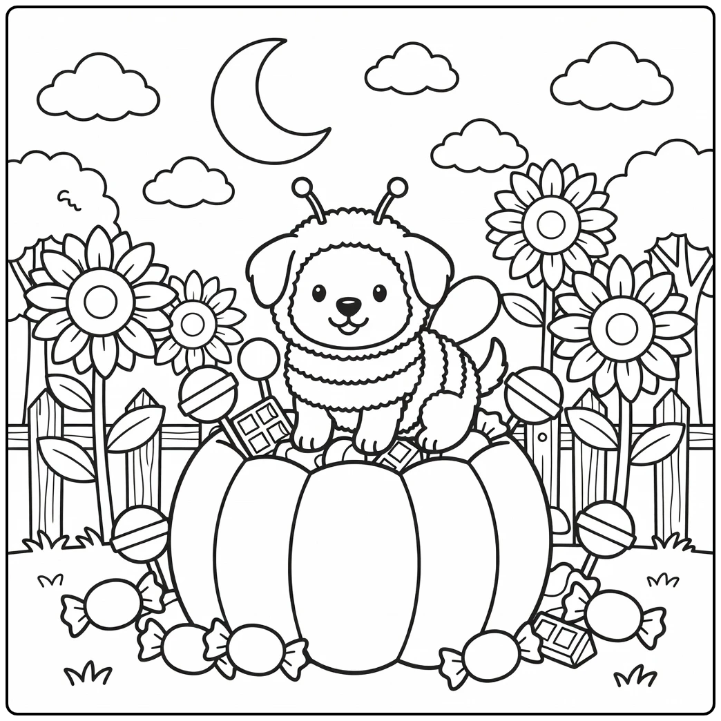 Smiling puppy in bumblebee costume, a cute halloween dog coloring page.