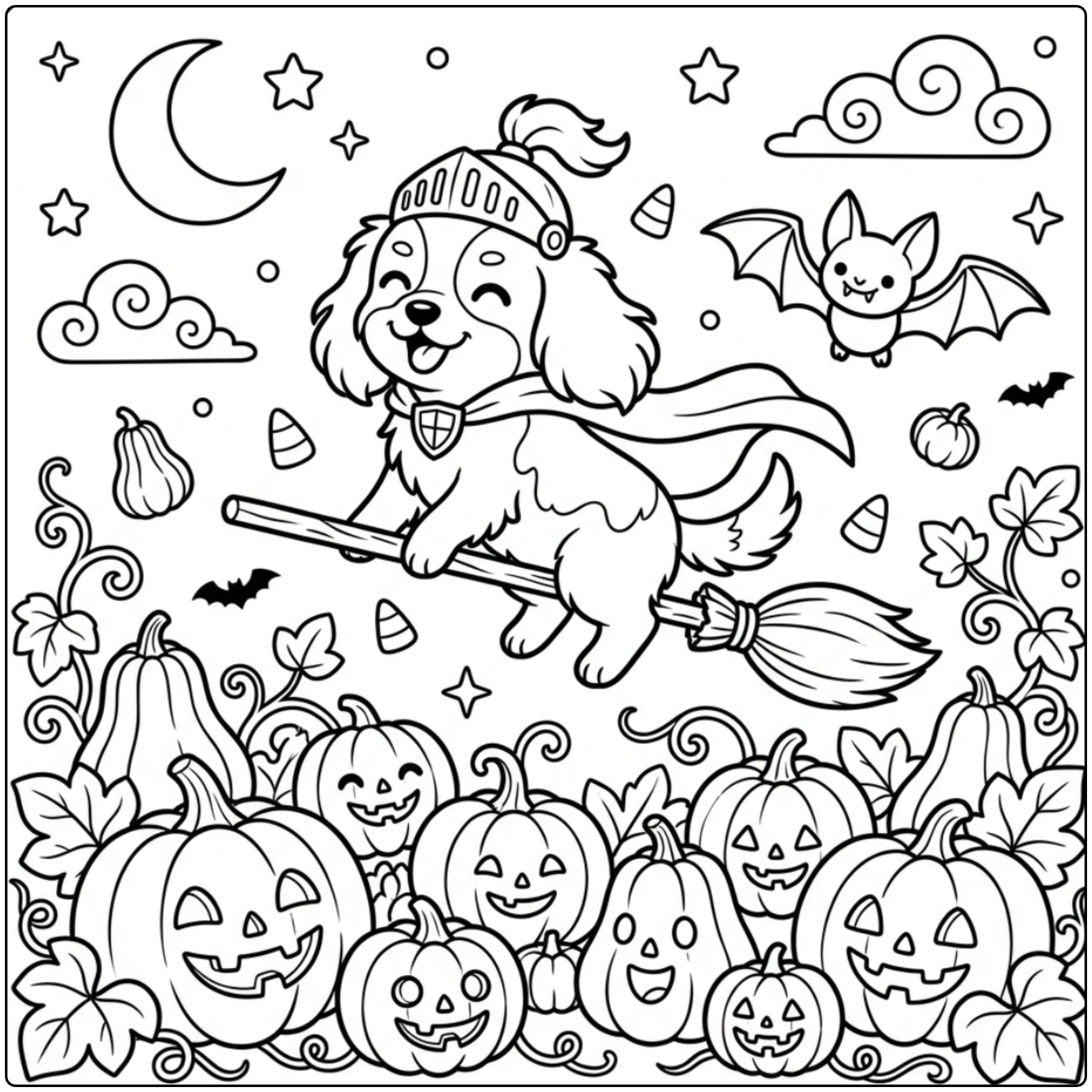 Cavalier King Charles Spaniel riding a broom over pumpkins.