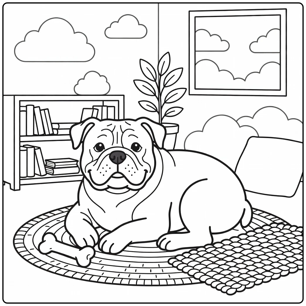 A cozy and happy American bulldog coloring page with a dog on a rug.