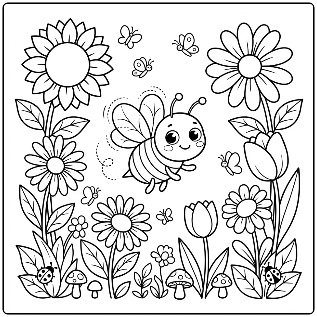 Cute smiling Bee coloring page in a flower garden.