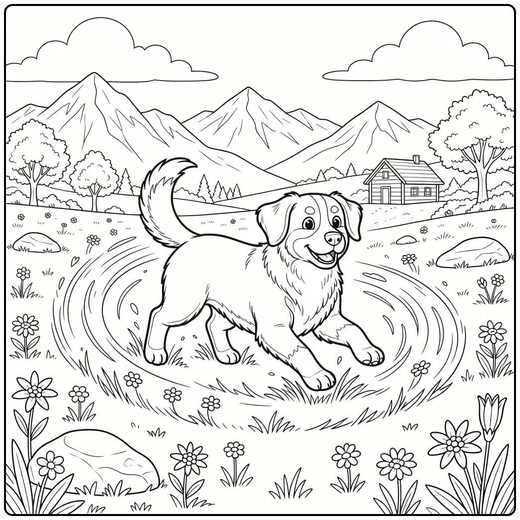 A playful bernese mountain dog coloring page in a meadow.