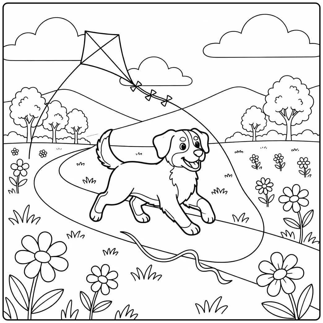 A playful bernese mountain dog coloring page chasing a kite.