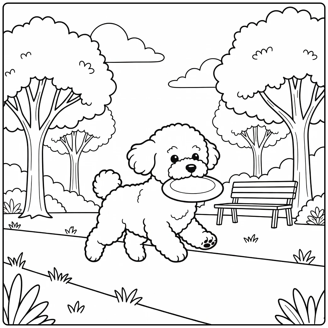 Playful bichon frise coloring page running with frisbee in park.