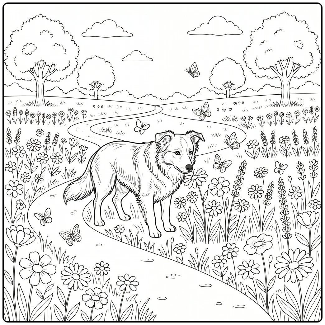 Playful border collie coloring page sniffing flowers in a meadow.