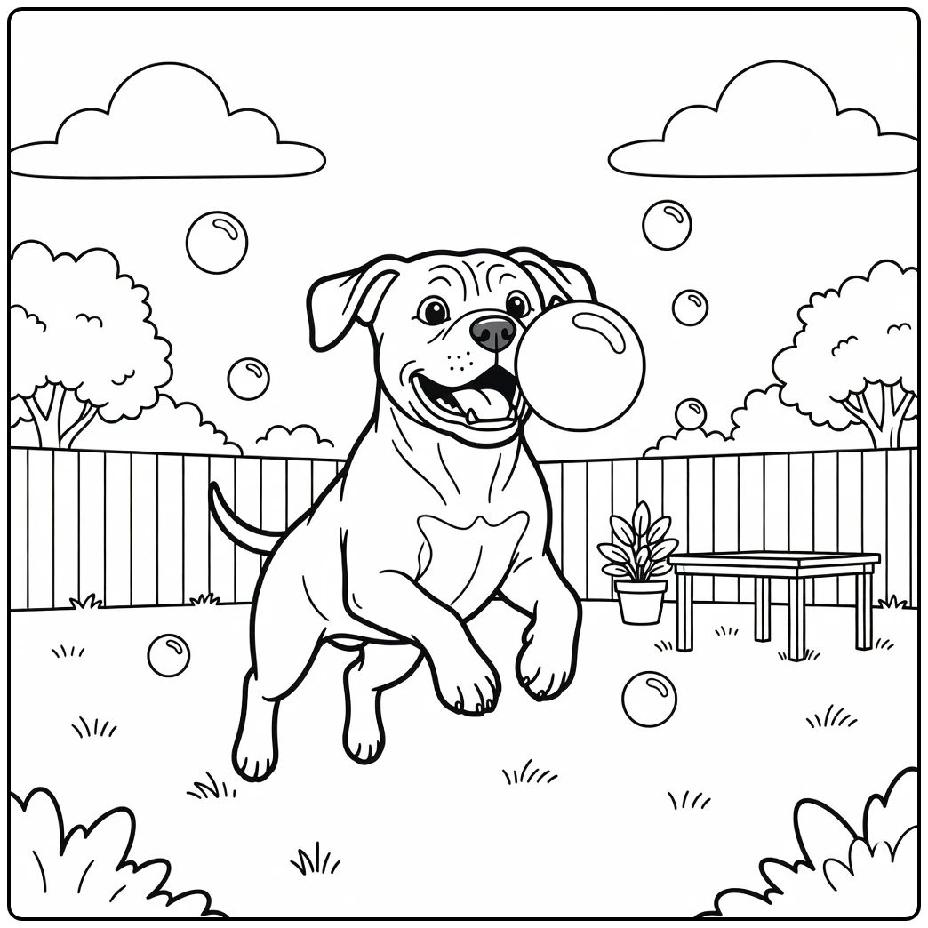 A playful bullmastiff coloring page of a dog chasing bubbles.