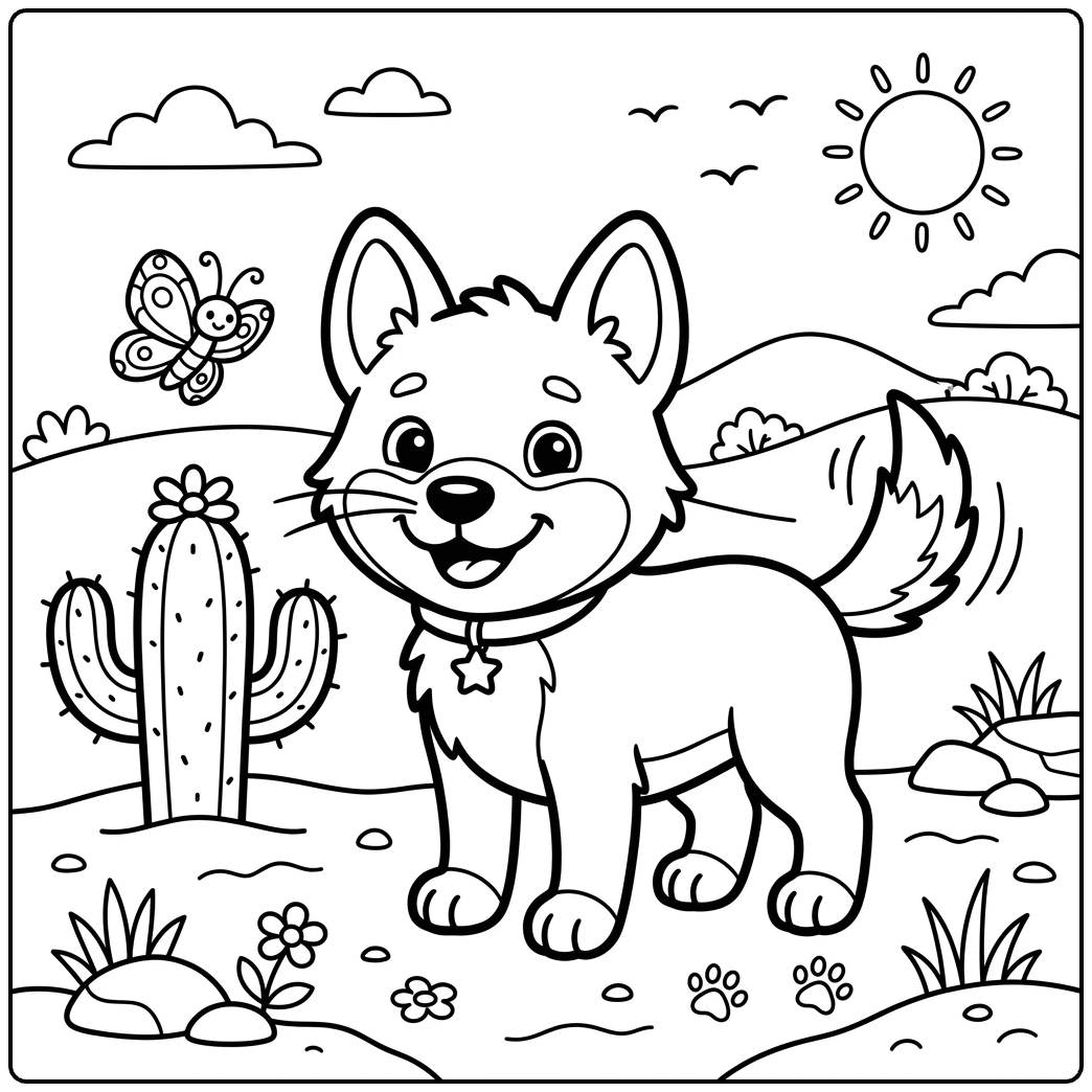 Dingo coloring page for beginners with a happy puppy, cactus, and butterfly.