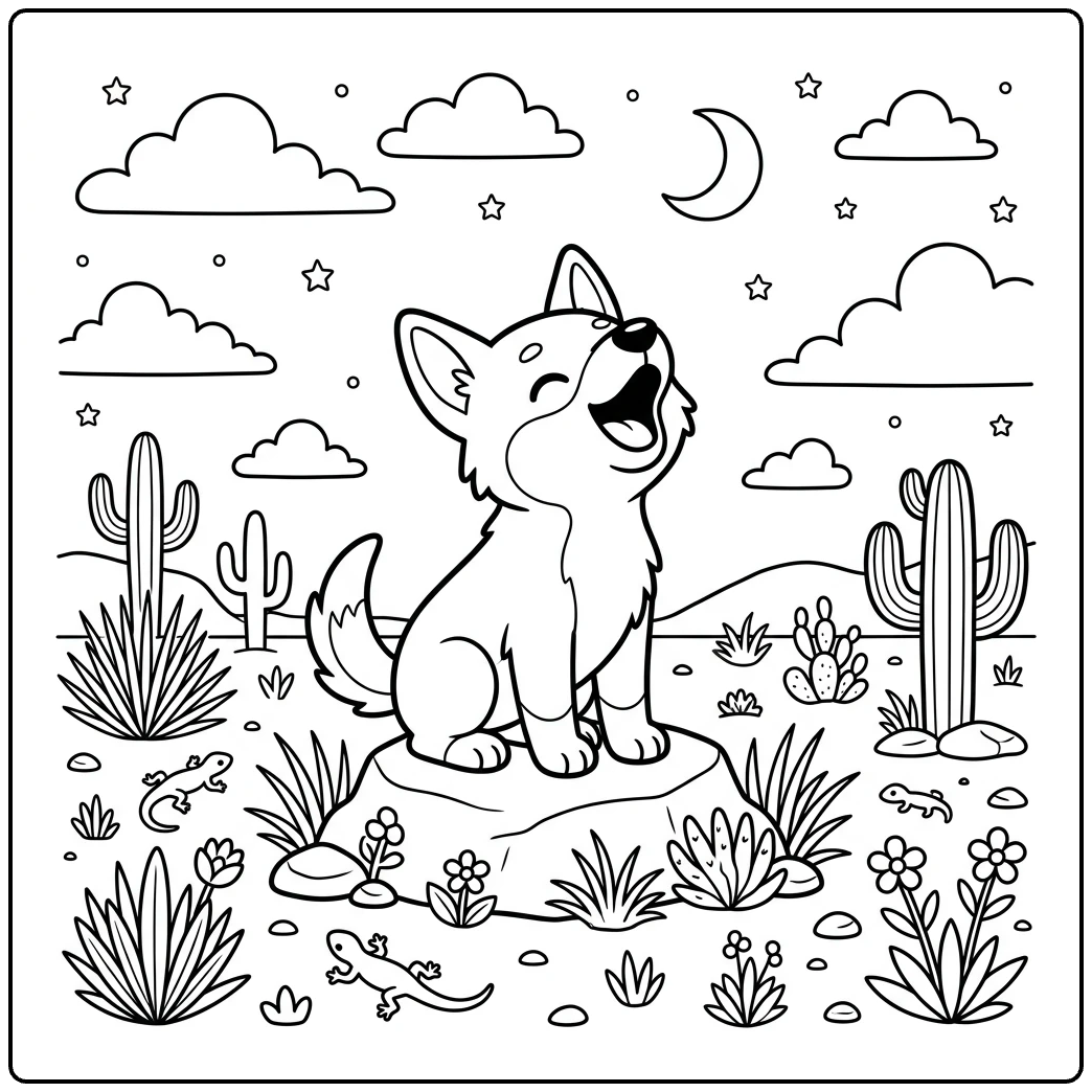 Friendly Dingo coloring page with a pup howling on a rock.