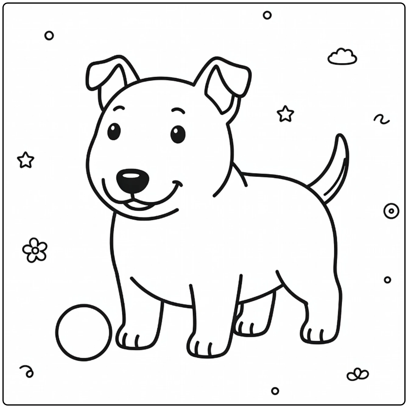 Cute chubby Bull Terrier coloring page with a small ball.