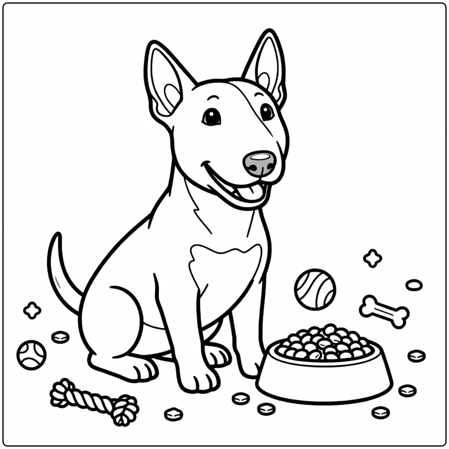 Cute Bull Terrier coloring page with dog by a food bowl.
