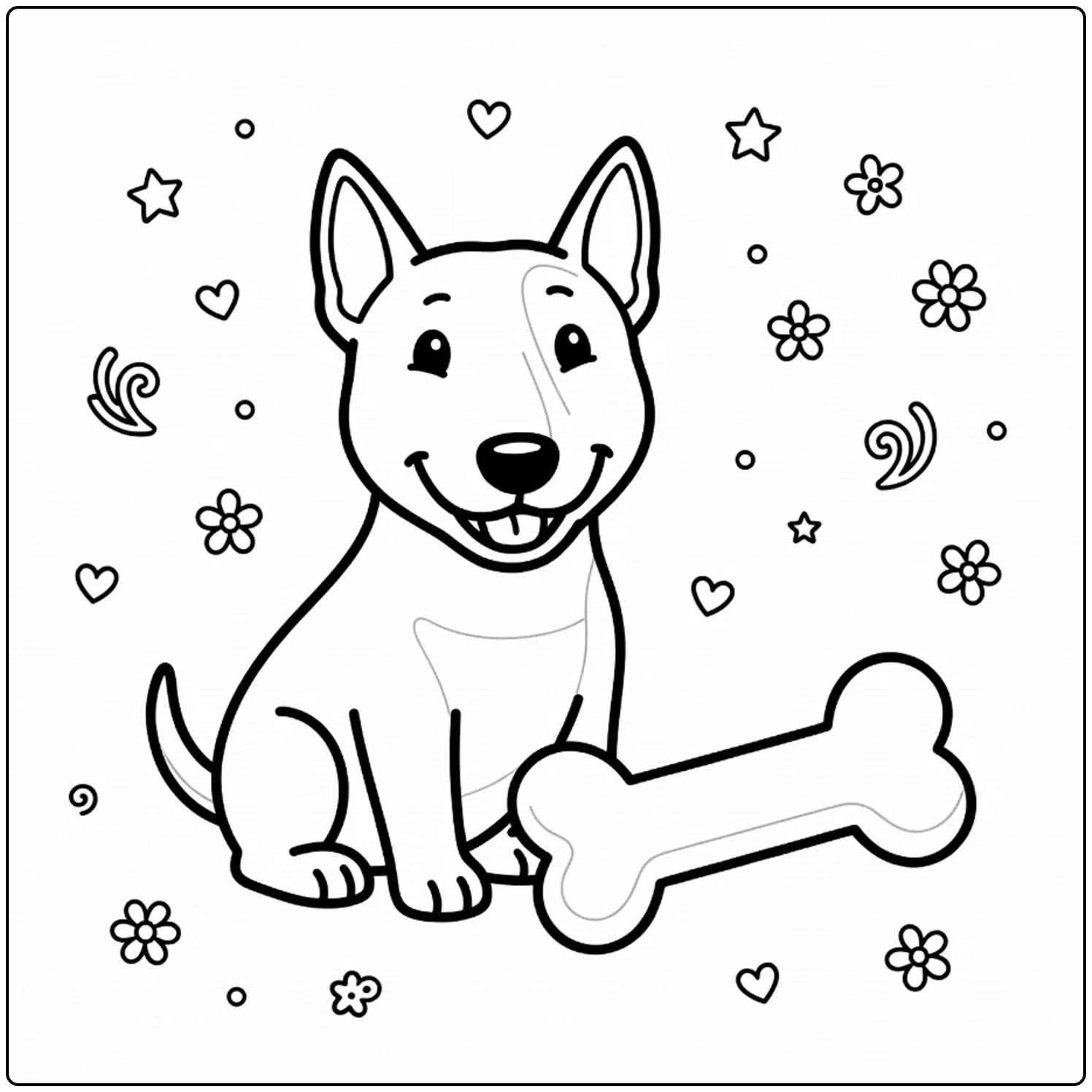 Cute smiling dog in a Bull Terrier coloring page with a bone.