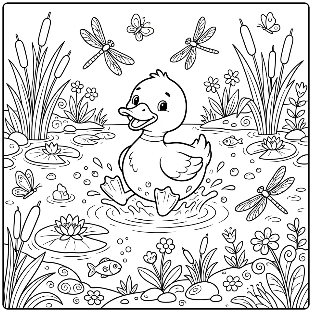 Cute Duck coloring page splashing in a pond with dragonflies.