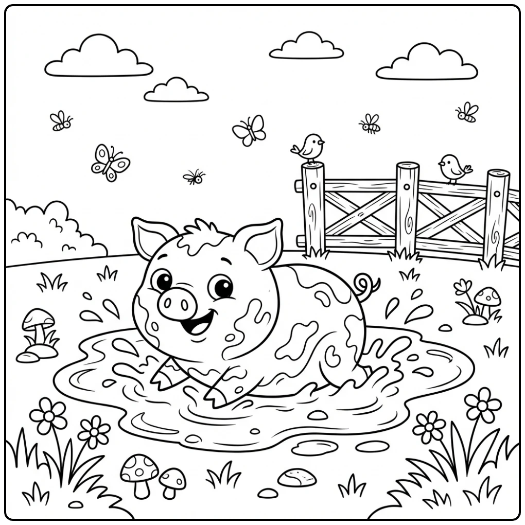 Cute Pig coloring page rolling in a muddy puddle.