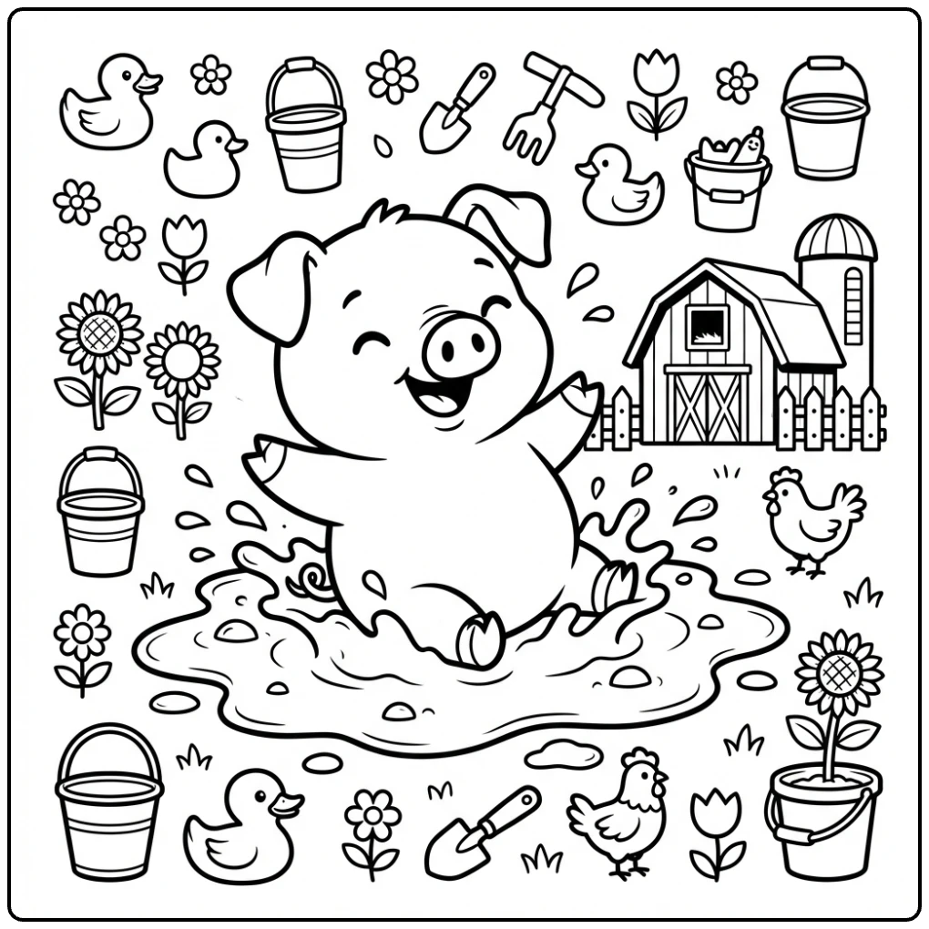 Cheerful pig in a mud puddle, ideal Farm Animal coloring page.