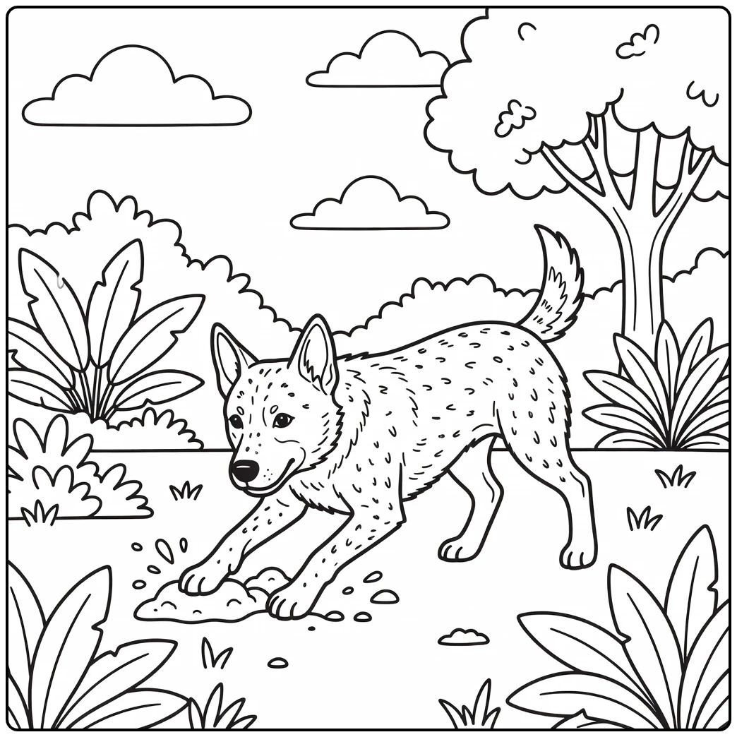 A playful australian cattle dog coloring page of a dog digging.