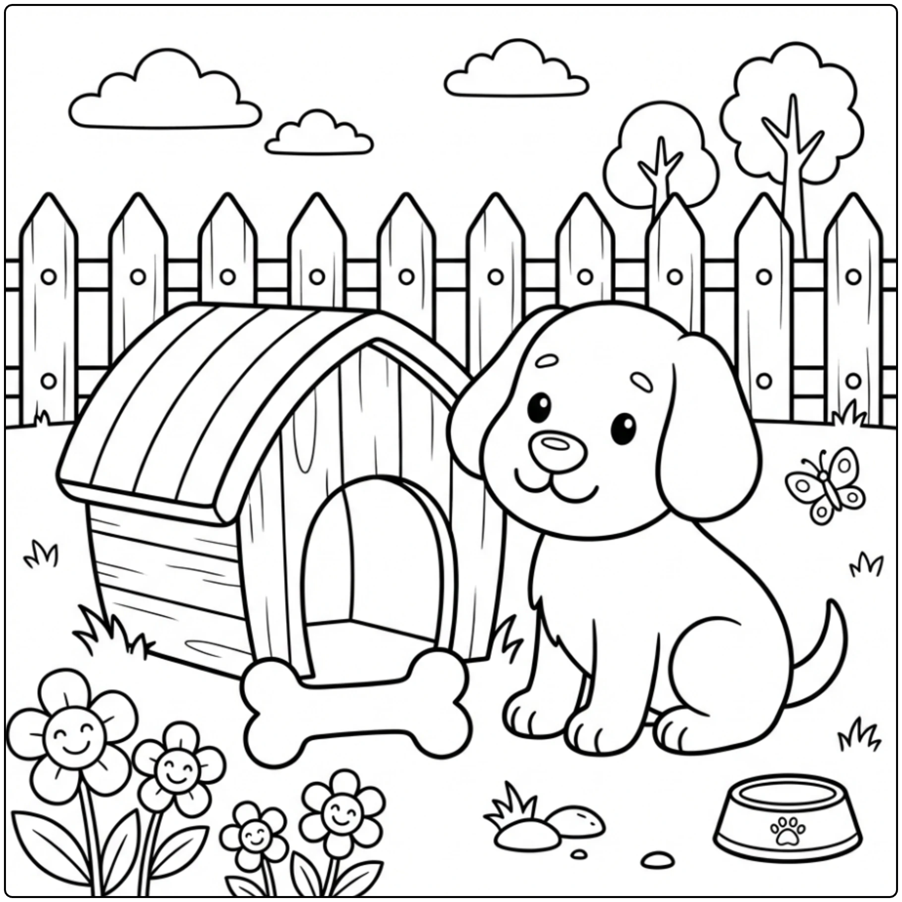 Cute puppy sitting by a doghouse Dog coloring page.