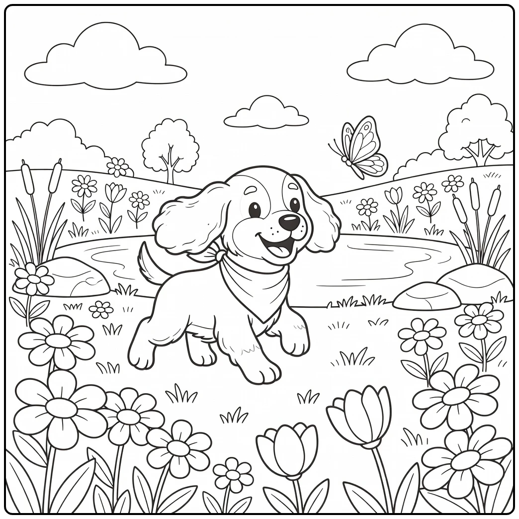 A playful cocker spaniel coloring page with a puppy in a meadow.