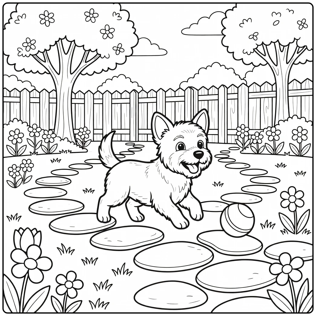 Playful small dog coloring page running in a garden with a ball.