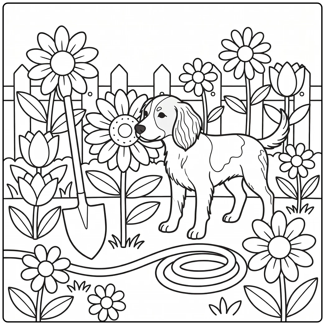 Springer spaniel coloring page, dog sniffing sunflower in garden.