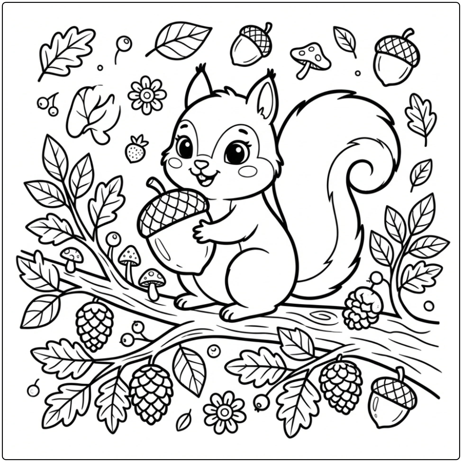 Cute squirrel on branch with acorn. Forest Animal coloring page.