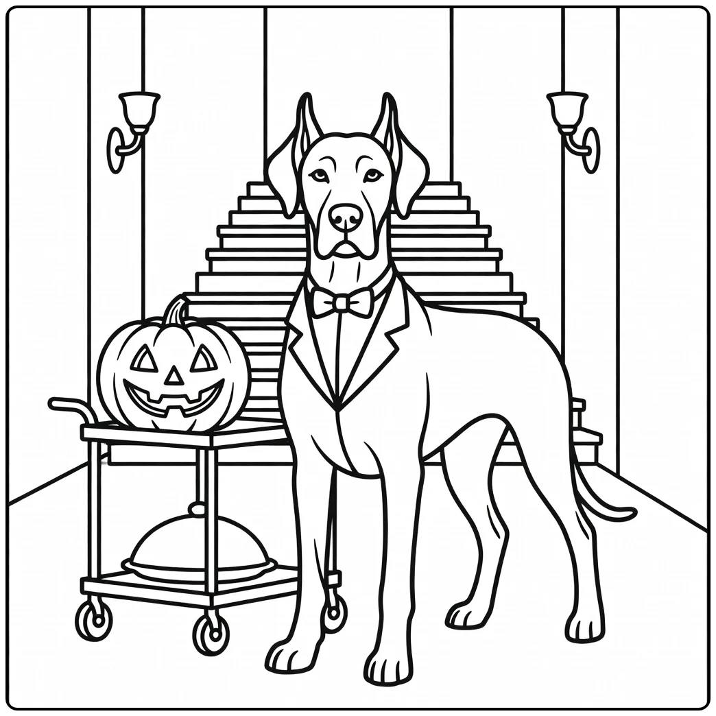 Great Dane butler: a spooky halloween dog coloring page