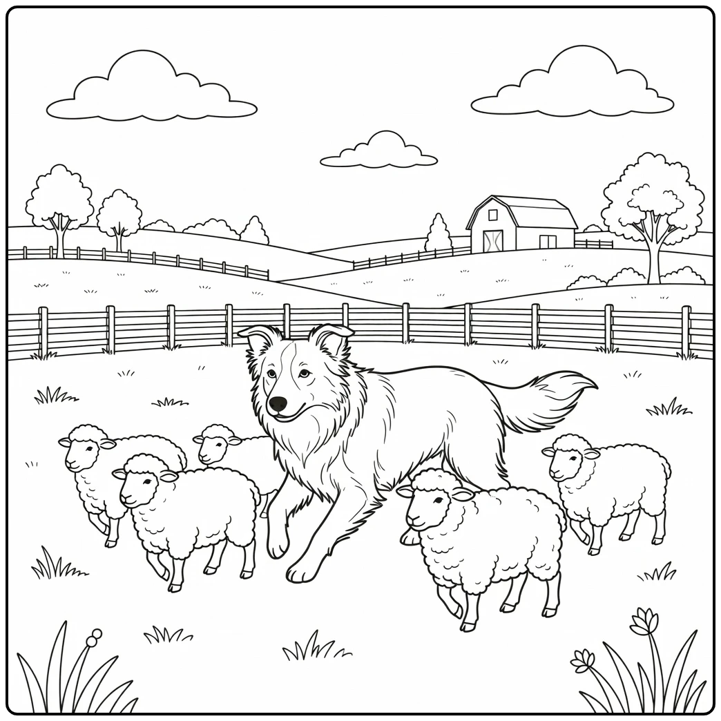 A Border Collie coloring page with a dog herding sheep in a pasture.