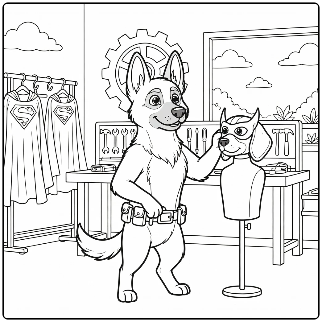 An anthropomorphic super dog coloring page in his workshop.