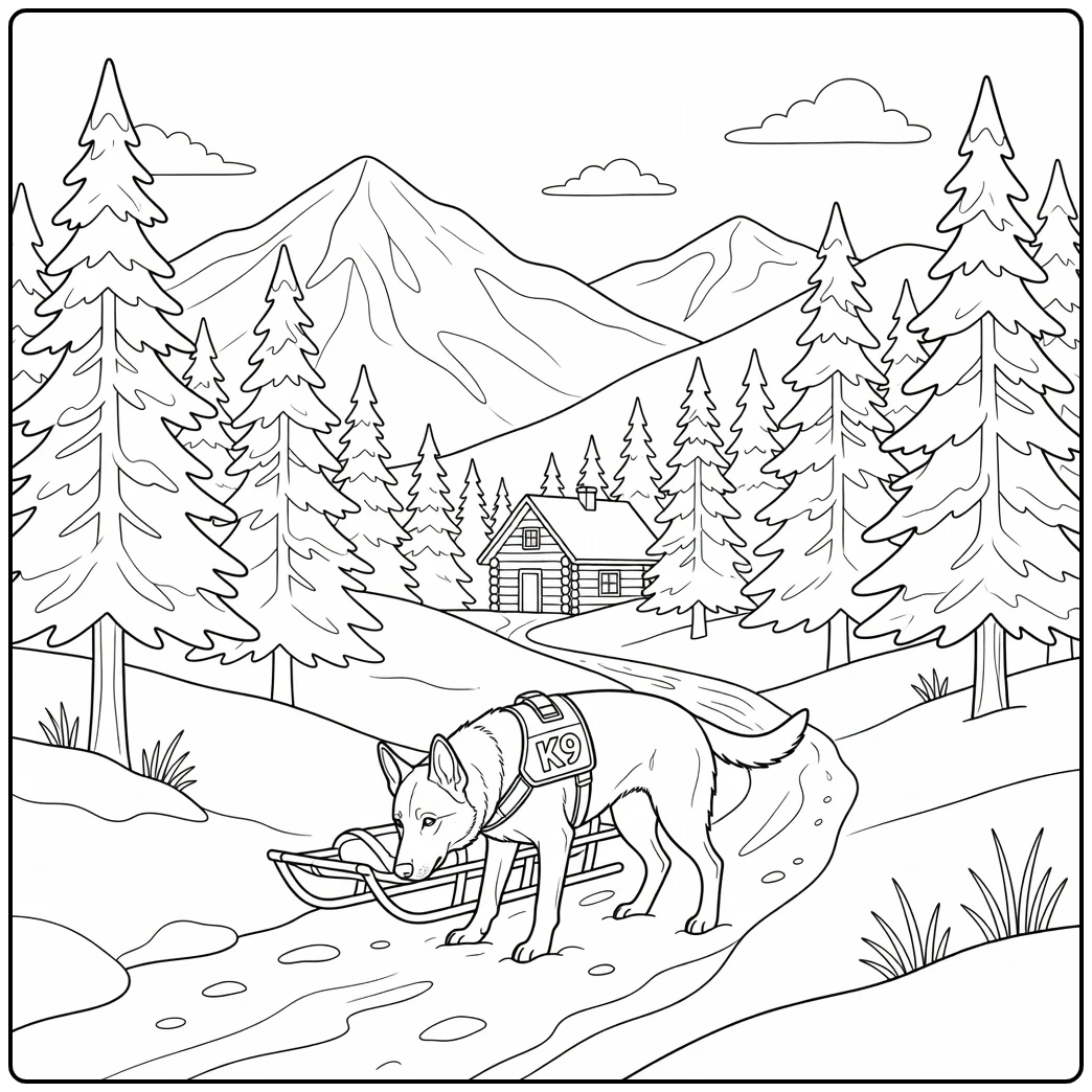 Snowy mountain police dog coloring page with K9 and sled.