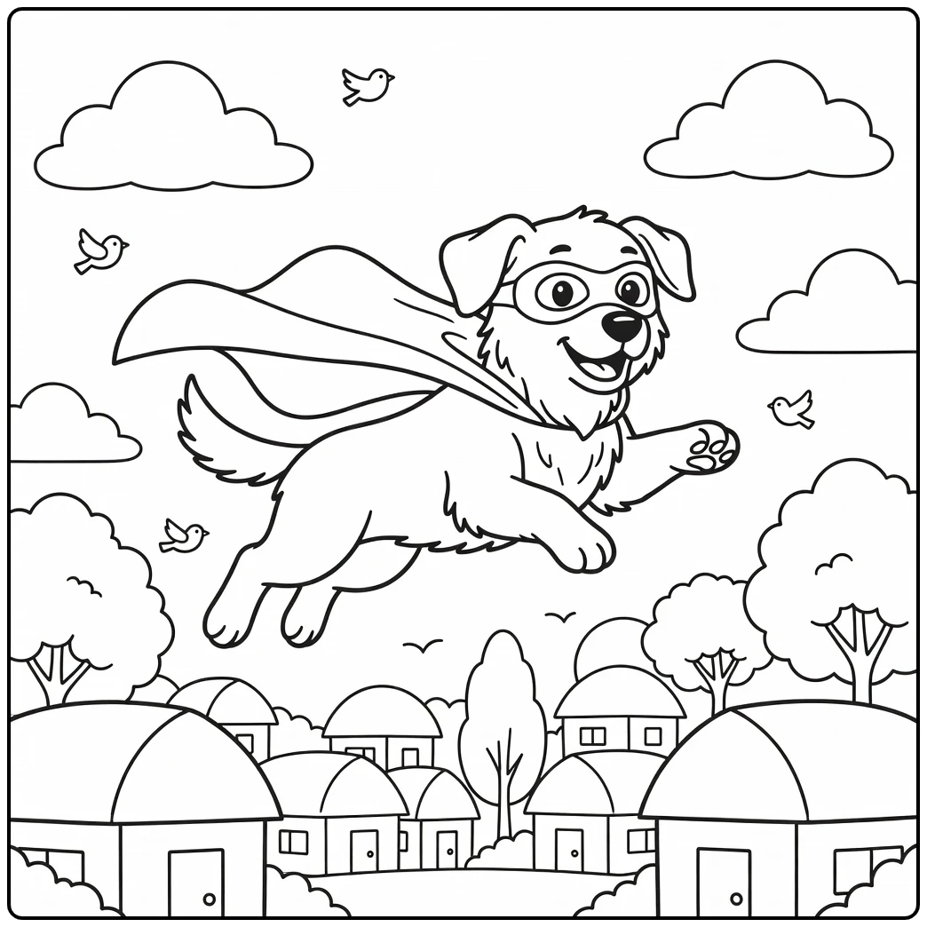A heroic super dog coloring page featuring a pup flying high.