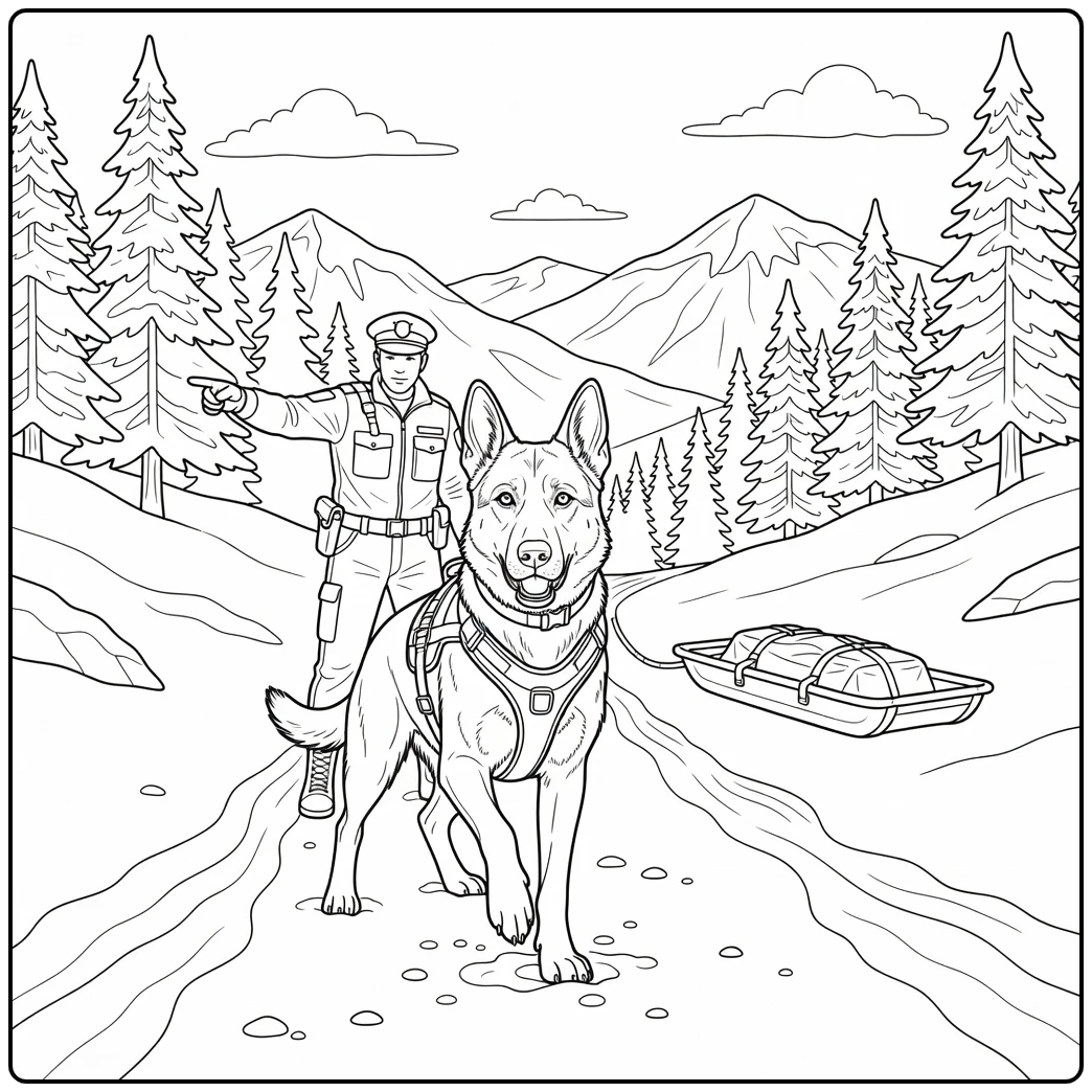 K9 realistic police dog coloring page, avalanche search on mountain.