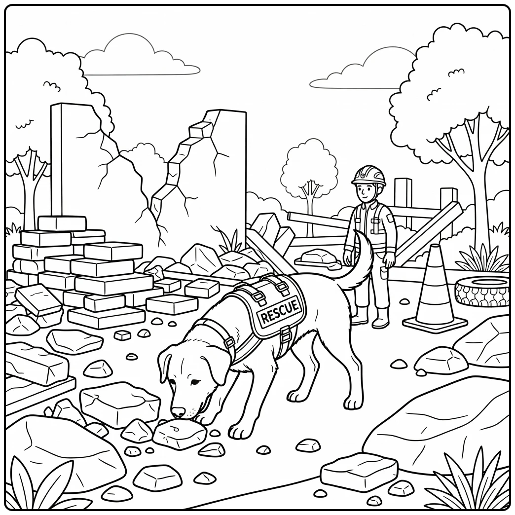 Focused rescue dog coloring page sniffing rubble with handler.