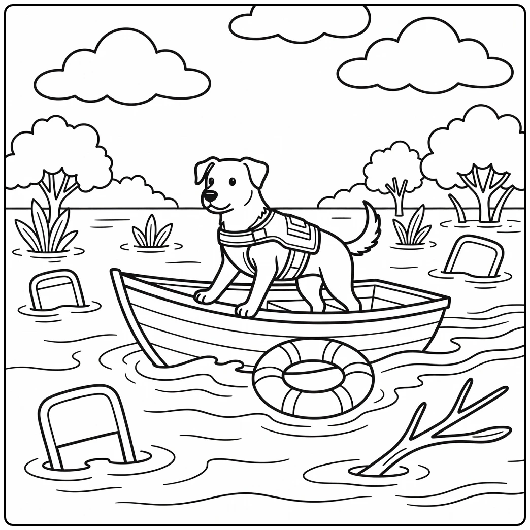 Brave rescue dog coloring page in boat during flood mission.
