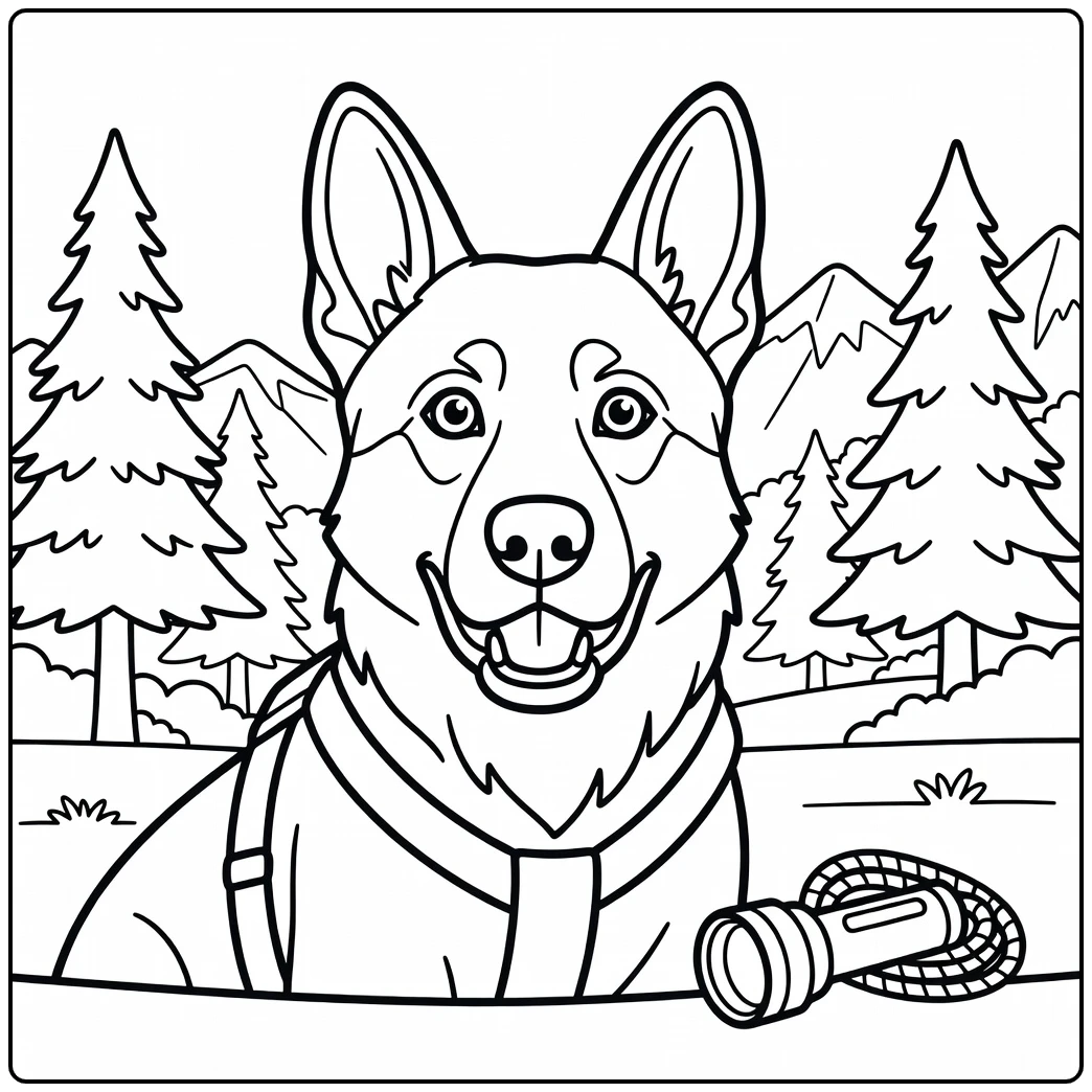 A brave German Shepherd dog face coloring page with rescue gear.